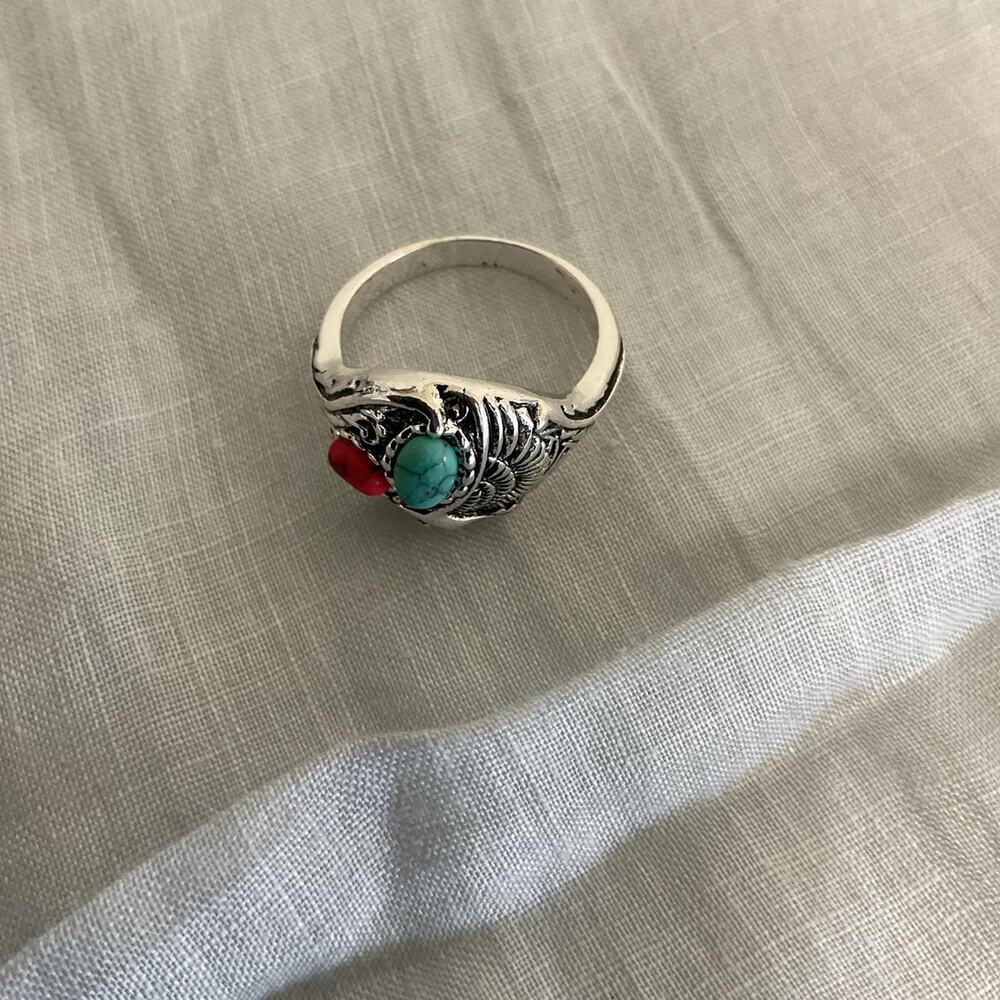Silver ring with turquoise red Eagle Statement Ring Size 9 - Picture 5 of 5